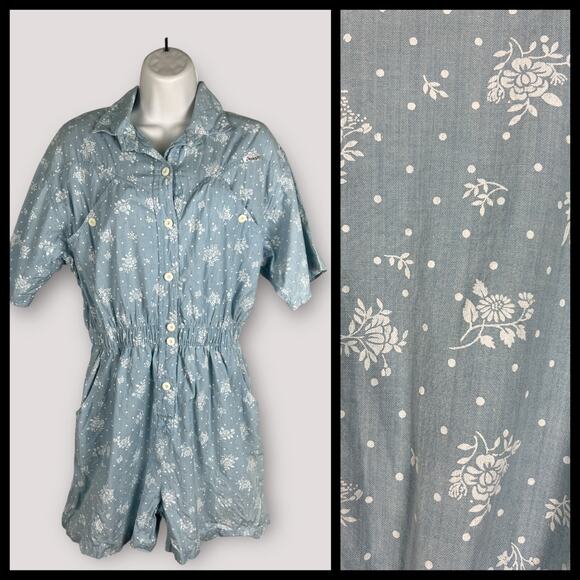 VTG 90s Dreams Floral Romper Elastic Waist Button Chambray Cottagecore Petite LG - Picture 1 of 9